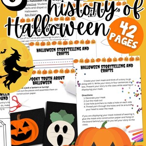May include: A 5-day unit plan for teaching the history of Halloween. The plan includes 42 pages of activities, crafts, and storytelling prompts. The image shows a witch, pumpkins, and a jack-o-lantern.