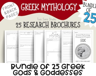 Bundle of 25 Greek Gods/Goddesses Brochure-Style Research Projects for Grades 6th-12th, Includes Blank Templates to Customize