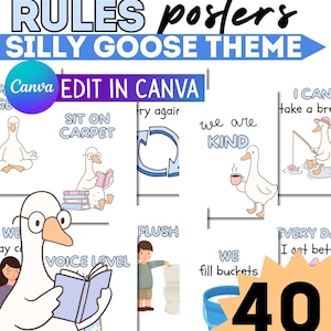 Könnte beinhalten: Eine Sammlung von Klassenzimmerregeln-Postern mit dem Thema "Silly Goose". Die Poster zeigen Cartoon-Gänse und Texte wie "Sit on carpet", "We are kind" und "Flush". Das Bild enthält auch den Text "Edit in Canva" und "40 Rules".