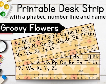 Groovy Theme Editable Desk Name Plates for Elementary | Alphabet, Number Line & Customizable Strips