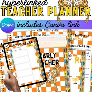 Op de afbeelding: Een 12-maanden lerarenplanner met een Canva-link. De planner heeft een dambordpatroon in oranje en wit, met vlinderillustraties. De planner bevat secties voor dagelijkse lesplannen en wekelijkse planning.
