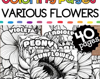 40 Pages Various Flowers Coloring Art, Art Activity, PDF Printable for Kids, Student Worksheets, Art Class Activity