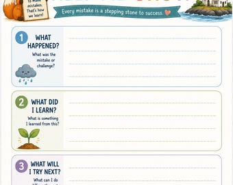 Mistakes Help Me Grow SEL Social Emotional Learning Worksheet for Elementary School Kids, Therapy and Counseling