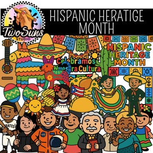 May include: A colorful illustration celebrating Hispanic Heritage Month. The image features various cultural symbols, including a sombrero, a guitar, a piñata, and a variety of people. Text includes "Hispanic Heritage Month" and "Celebramos Nuestra Cultura."