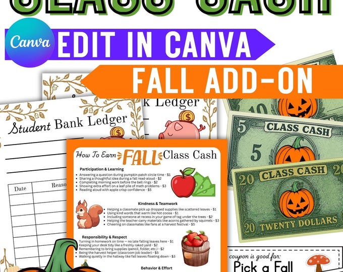 Featured listing image: Fall Class Cash Add-On | Seasonal Classroom Economy Rewards | Autumn Coupons, Envelopes & Labels for Classroom Management
