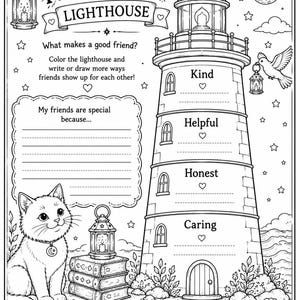 Cosa rende un buon amico? Materiale stampabile per l'apprendimento socio-emotivo (SEL), da abbinare al libro "Il gatto del custode della luna" di Devon R. Browning.