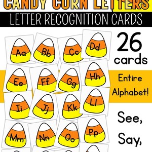 Puede incluir: Tarjetas de reconocimiento de letras con temática de caramelos de maíz. Cada tarjeta presenta un gráfico de caramelo de maíz con una letra del alfabeto. El conjunto incluye 26 tarjetas, con el texto "Candy Corn Letters" y "Letter Recognition Cards".