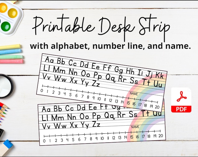 Featured listing image: Rainbow Desk Strip with Alphabet, Number Line and Name, Classroom Resources, Elementary, Primary School, Printable Classroom Decorations