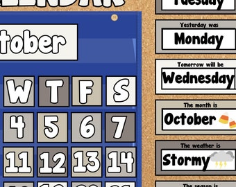 Farmhouse Colors Pocket Chart Calendar with Weather, Season, Month & Day Display