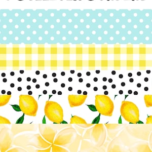 May include: Six different bulletin board borders. The borders include a blue and white polka dot pattern, a yellow and white gingham pattern, a black and white polka dot pattern, a lemon pattern, a yellow flower pattern, and a blue watercolor wave pattern.