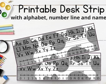 Cow Print Desk Strip with Alphabet, Number Line and Name, Classroom Resources, Cow Classroom Theme, Printable Classroom Decorations