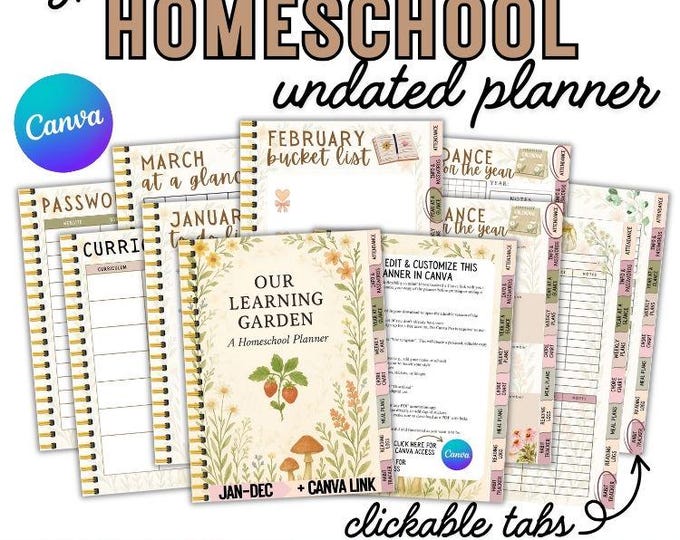Featured listing image: Editable Homeschool Planner Printable • Hyperlinked Planner & Canva Link • Attendance, Lesson Plans, Chores, Budget, Meal Plan, More!!