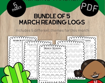 5 Reading Logs, March Reading Trackers, Printable PDF, Printable Logs, Learning Resources, Homeschool Resources, School Printables