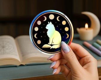 Holographic Cat Moon Sticker: Witchy Boho Decor, Skateboard Accessory