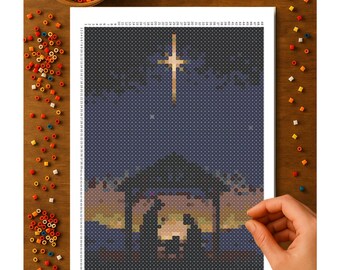 Manger Scene Super Fuse Bead Pattern – Printed 11x17 Pattern | SUPER Perler Board Size | 49x69 Pegboard Grid | Free Shipping