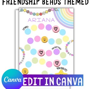 May include: A printable reward chart with the text "EDITABLE REWARD CHART FRIENDSHIP BEADS THEMED". The chart features colorful circles, hearts, and the name "ARIANA". Includes the text "EDIT IN CANVA" and dimensions 8.5x11 inches.