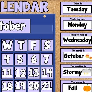 Pastel Halloween Pocket Chart Calendar with Weather, Season, Month & Day Display