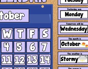 Pastel Halloween Pocket Chart Calendar with Weather, Season, Month & Day Display