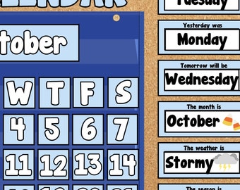 Light Blue Pocket Chart Calendar with Weather, Season, Month & Day Display