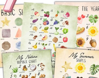 Watercolor Classroom Posters: ABC, Numbers, Shapes, Weather (Digital Download)