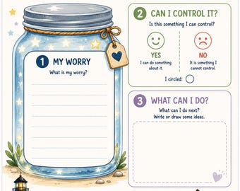 Worry Jar SEL Social Emotional Learning Worksheet for Elementary School Kids, Therapy and Counseling
