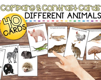 40 Animals Compare & Contrast Cards, REAL Animal Photos, Printable Cards, Elementary Grade Activities, Homeschool Resources