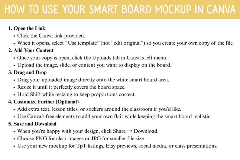 Puede incluir: Una gu&iacute;a titulada "HOW TO USE YOUR SMART BOARD MOCKUP IN CANVA" con pasos numerados y vi&ntilde;etas. Las instrucciones incluyen abrir un enlace, agregar contenido, arrastrar y soltar im&aacute;genes, personalizar y guardar el dise&ntilde;o para su uso en listados y presentaciones.