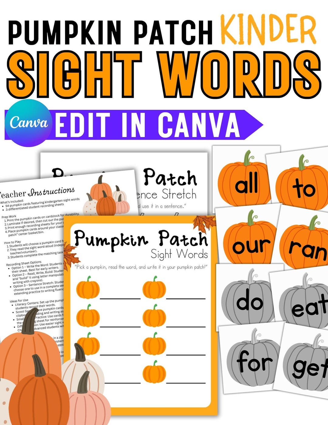 Pumpkin Patch Sight Words: Kindergarten Fall Literacy Center (PDF ...
