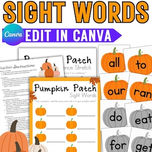 May include: Educational resources for kindergarten, themed around a pumpkin patch. The materials include flashcards with sight words such as "all" and "to", worksheets, and instructions. The design features orange and grey pumpkins.