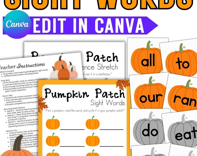 Featured listing image: Pumpkin Patch Sight Words | Fall Literacy Centers Kindergarten | 54 Sight Word Cards + Recording Sheets | Autumn Word Work Activity
