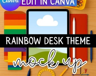 Rainbow Desk Themed Tablet iPad Mockup: Canva Drag-and-Drop Mock (Digital Download)