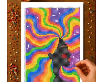 Rainbow Hair Super Fuse Bead Pattern – Printed 11x17 Pattern | SUPER Perler Board Size | 49x69 Pegboard Grid | Free Shipping