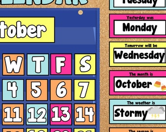 Bright Bold Colors Pocket Chart Calendar with Weather, Season, Month & Day Display