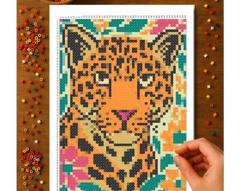 Floral Leopard Super Fuse Bead Pattern – Printed 11x17 Pattern | SUPER Perler Board Size | 49x69 Pegboard Grid | Free Shipping