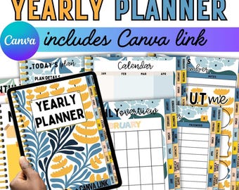 Blue Floral Digital Planner: Hyperlinked Undated Calendar (PDF Download)