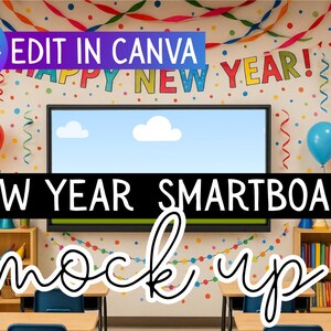 Puede incluir: Un aula decorada para el A&ntilde;o Nuevo, con una pizarra interactiva. La imagen incluye globos, escritorios y estanter&iacute;as llenas de libros. El texto en la imagen dice "Edit in Canva" y "New Year Smartboard mock up". Se muestra el mensaje "Happy New Year!"