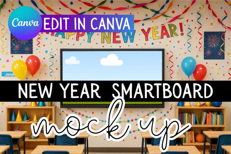 Puede incluir: Un aula decorada para el A&ntilde;o Nuevo, con una pizarra interactiva. La imagen incluye globos, escritorios y estanter&iacute;as llenas de libros. El texto en la imagen dice "Edit in Canva" y "New Year Smartboard mock up". Se muestra el mensaje "Happy New Year!"