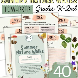 Può includere: Un piano di lezioni per passeggiate nella natura estiva per le classi K-2. La copertina presenta il titolo "Summer Nature Walks" con il tema "Learning From What We Find". Il piano include attività, sfide ed è a bassa preparazione, con 40 pagine.