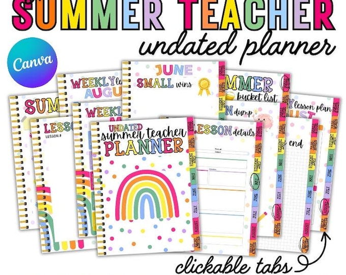 Featured listing image: Summer Teacher Planner (May-August) PDF | Editable Canva Link + Hyperlinked Tabs | Digital & Printable Lesson Planning Binder for Teachers