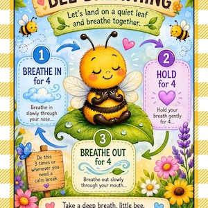 Może przedstawiać: Kolorowy plakat edukacyjny zatytułowany Bee Breathing przedstawiający rysunkową pszczołę na liściu. Ilustruje on trzyetapowe ćwiczenie oddechowe z instrukcjami tekstowymi dotyczącymi wdechu, zatrzymania i wydechu, w otoczeniu kwiatów.