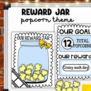 May include: A printable classroom reward chart with a popcorn theme. The chart features a jar filled with popcorn and a goal of 12 popcorn pieces. The reward for reaching the goal is "Crazy sock day".