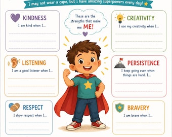 My Superpowers SEL Social Emotional Learning Worksheet for Elementary School Kids, Therapy and Counseling