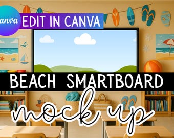 Beach Classroom Smart Board Mockup: Canva Drag & Drop Template (Digital Download