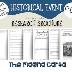 Op de afbeelding: Een zwart-witte printbare onderzoeksbrochure voor een historisch evenementproject. De brochure heeft secties voor belangrijke data, een tekening van het evenement en vragen over het evenement. De tekst "The Magna Carta" staat onderaan de pagina.