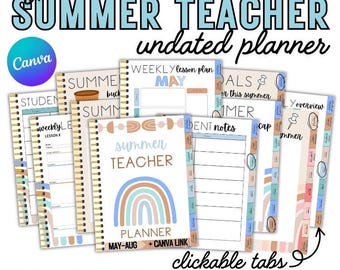 Blue Summer Boho Teacher Planner (May-August) PDF | Editable Canva Link + Hyperlinked Tabs | Digital & Printable Lesson Planner for Teachers