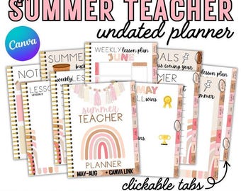 Summer Boho Teacher Planner (May-August) PDF | Editable Canva Link + Hyperlinked Tabs | Digital & Printable Lesson Planning for Teachers
