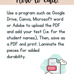 May include: A white background with the text "How to edit." Instructions are provided on how to edit a PDF using Google Drive, Canva, Microsoft Word, or Adobe. A PDF icon with the word "PDF" is also shown.