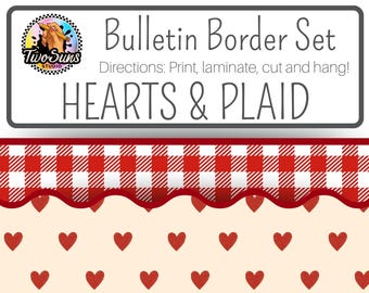 Valentine's Day Hearts & Plaid Modern Classroom Printable Bulletin Board Border Set, 2 Printable Bulletin Border Strips