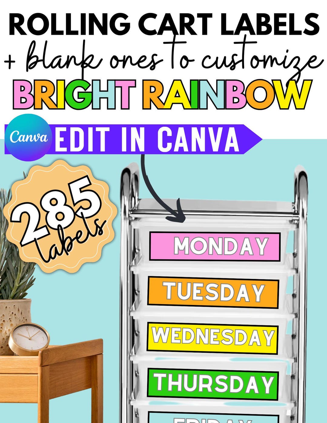 285 Bright Rainbow Rolling Cart Labels (canva Template Link) Completely ...