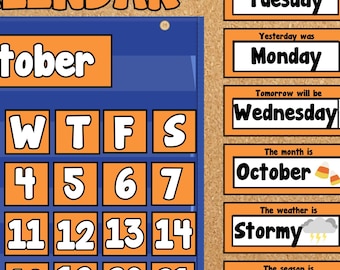 Orange Fall Pocket Chart Calendar with Weather, Season, Month & Day Display